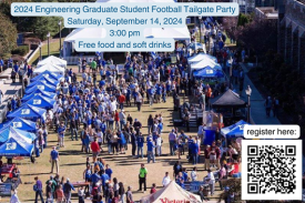 Image of football tailgate party with QR code for registration